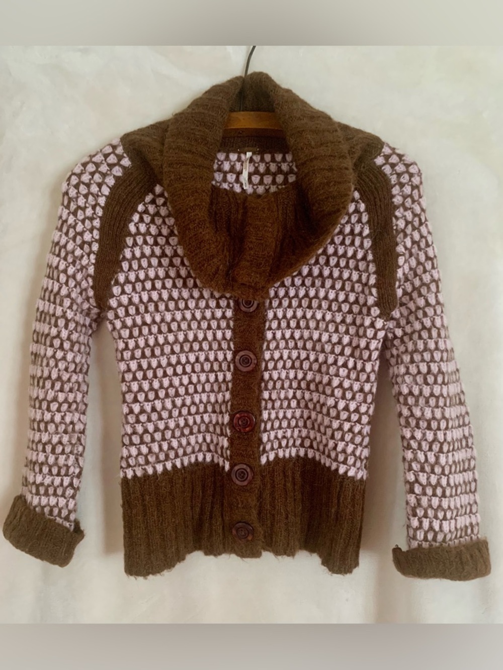 Women’s Free People Cozy Pink and Brown Two-Tone Knit Cardigan/Cowl Neck Sweater
